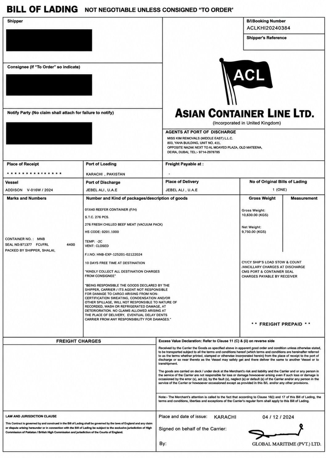 Bill of Lading chilled beef export Karachi to Jebel Ali UAE