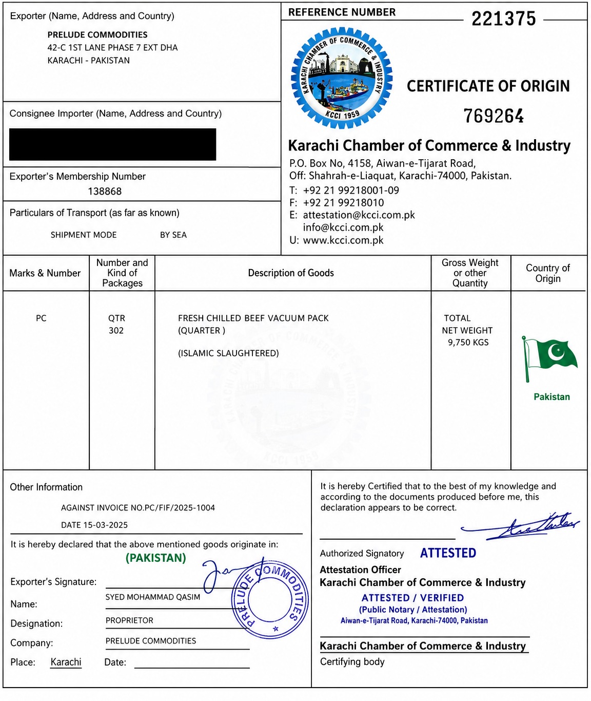 KCCI Certificate of Origin issued to Prelude Commodities Karachi Pakistan
