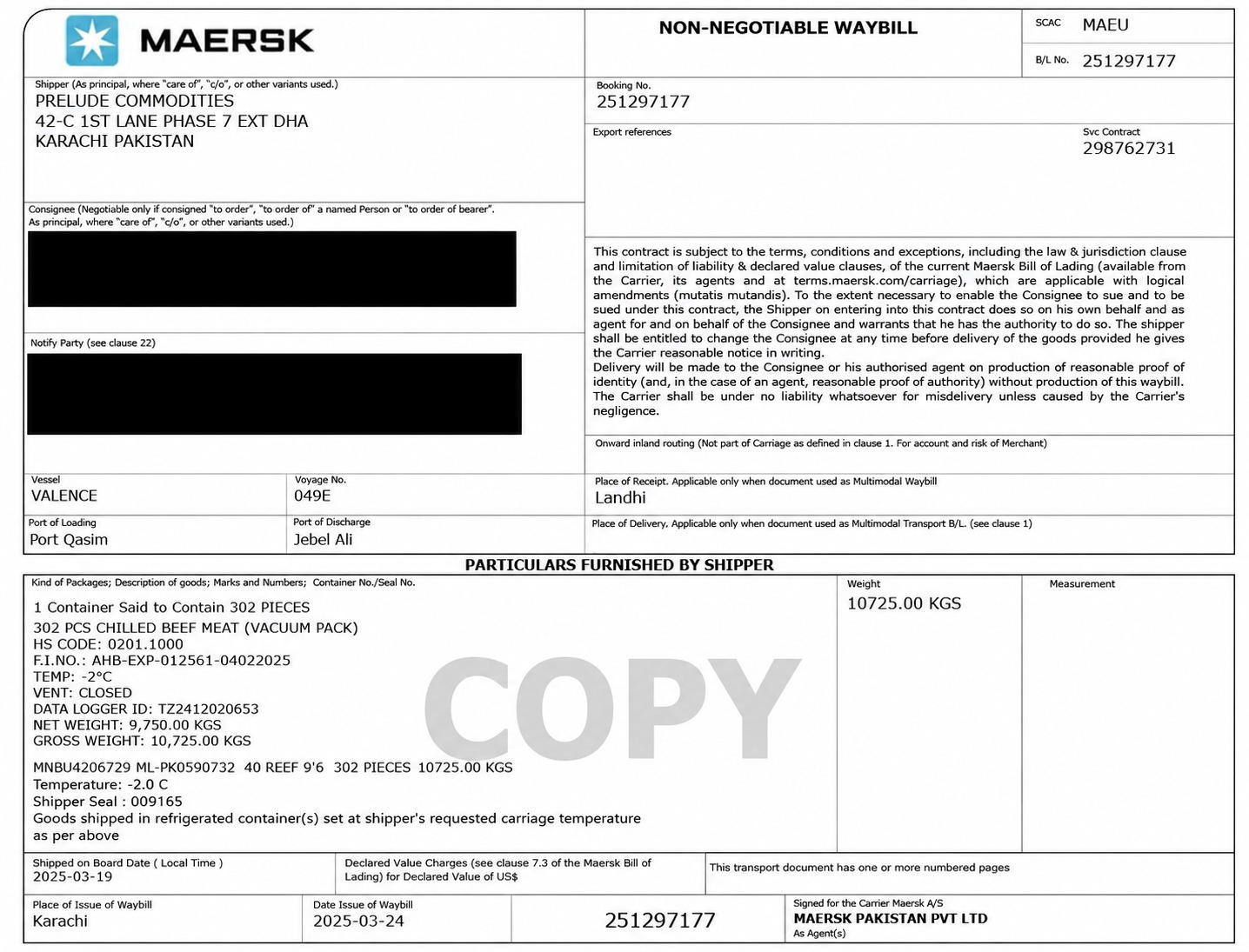Maersk Bill of Lading Prelude Commodities Port Qasim to Jebel Ali UAE